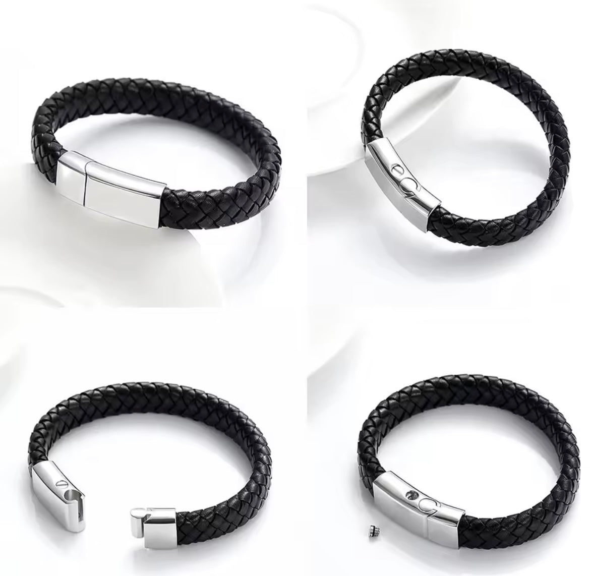 Black Silver Braided Charm Bracelet for Men