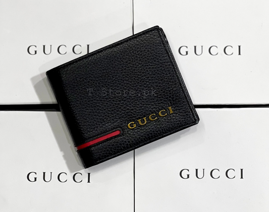 Gucci Black Plain Red Strip Genuine Leather Wallet