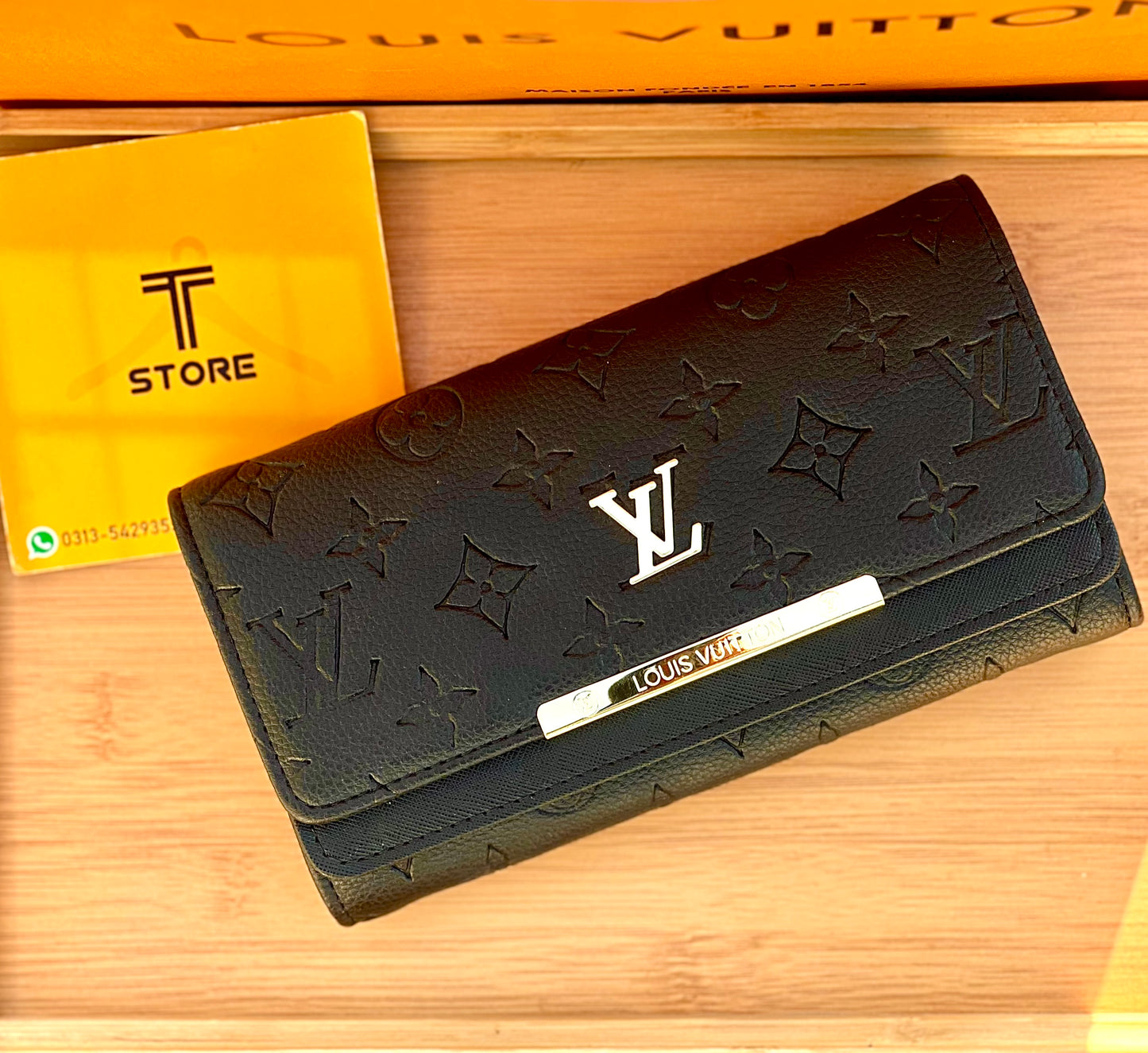 LV Black Embossed Double Flap Women Wallet