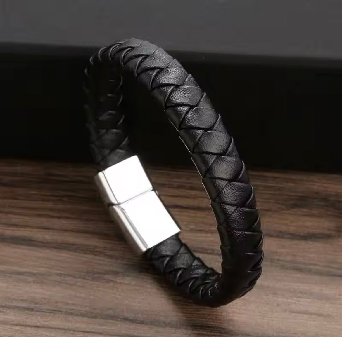 Black Silver Thick Braided Charm Bracelet for Men