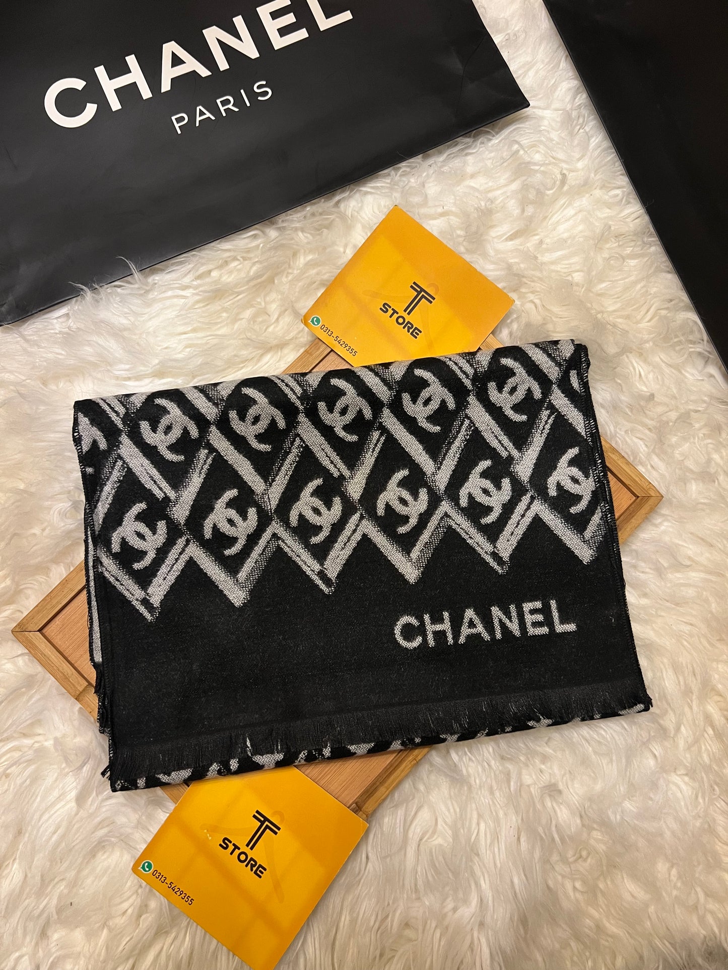 Chanel Black White Logo Printed Muffler