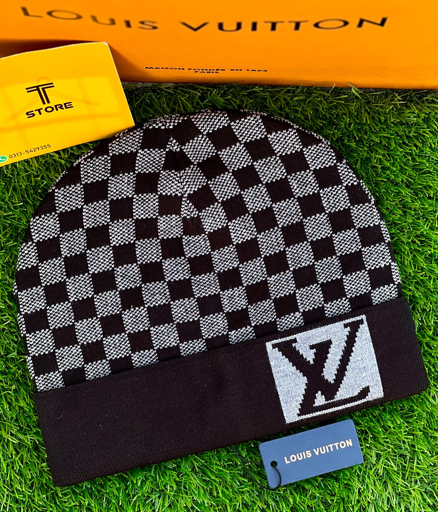 LV Black Large Check Woolen Beanie Cap