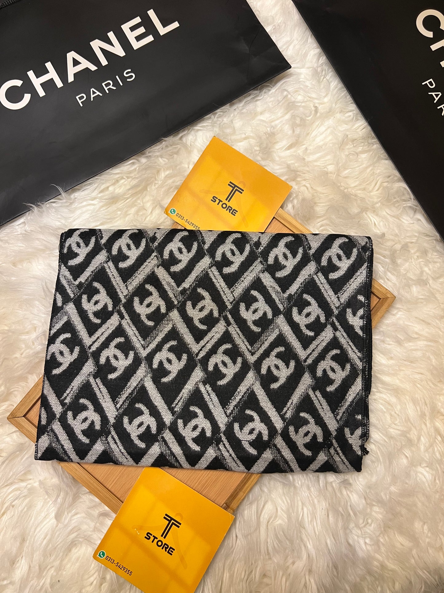 Chanel Black White Logo Printed Muffler