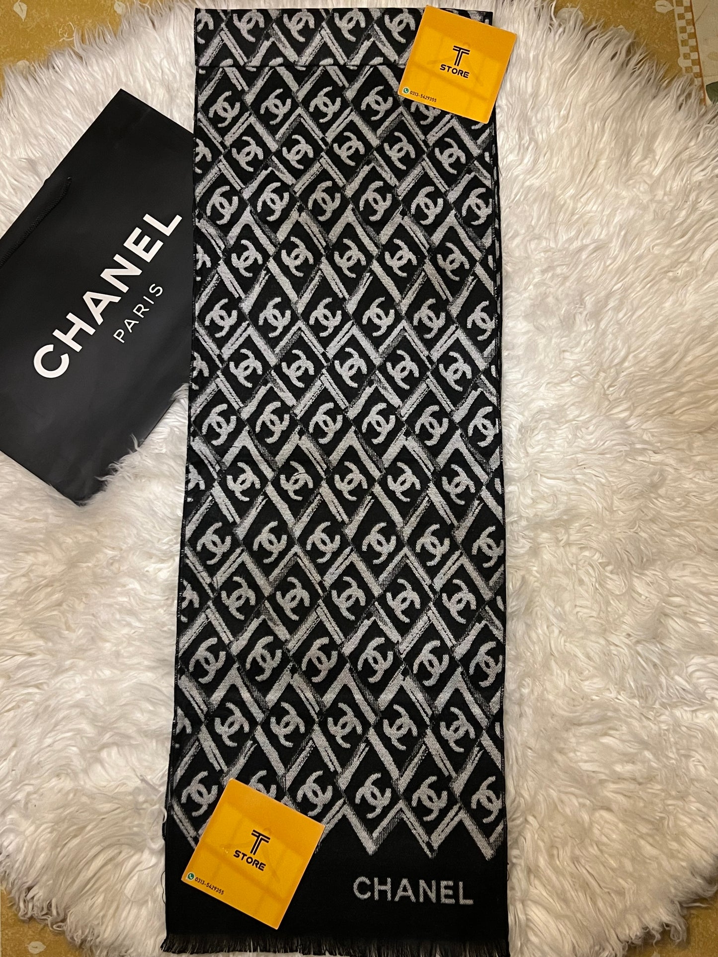 Chanel Black White Logo Printed Muffler