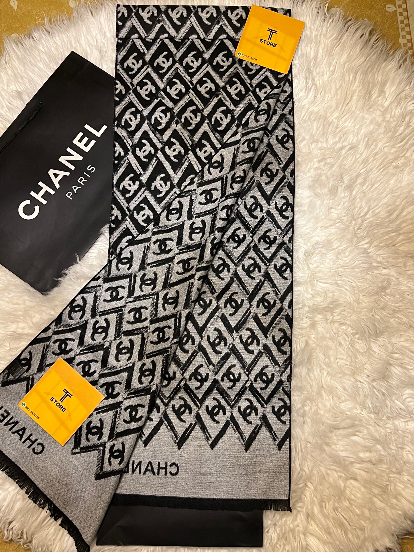 Chanel Black White Logo Printed Muffler