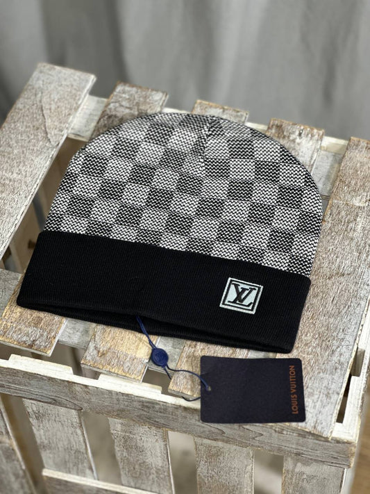 LV Light Grey Small Check Woolen Beanie Cap