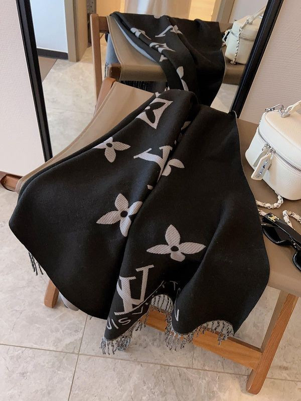 LV Black Flower Woolen Shawl For Women