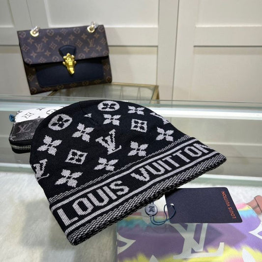 LV Black Flower Woolen Beanie Cap