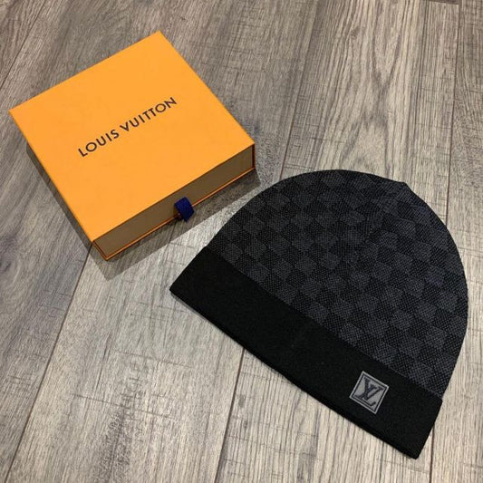 LV Black Small Check Woolen Beanie Cap