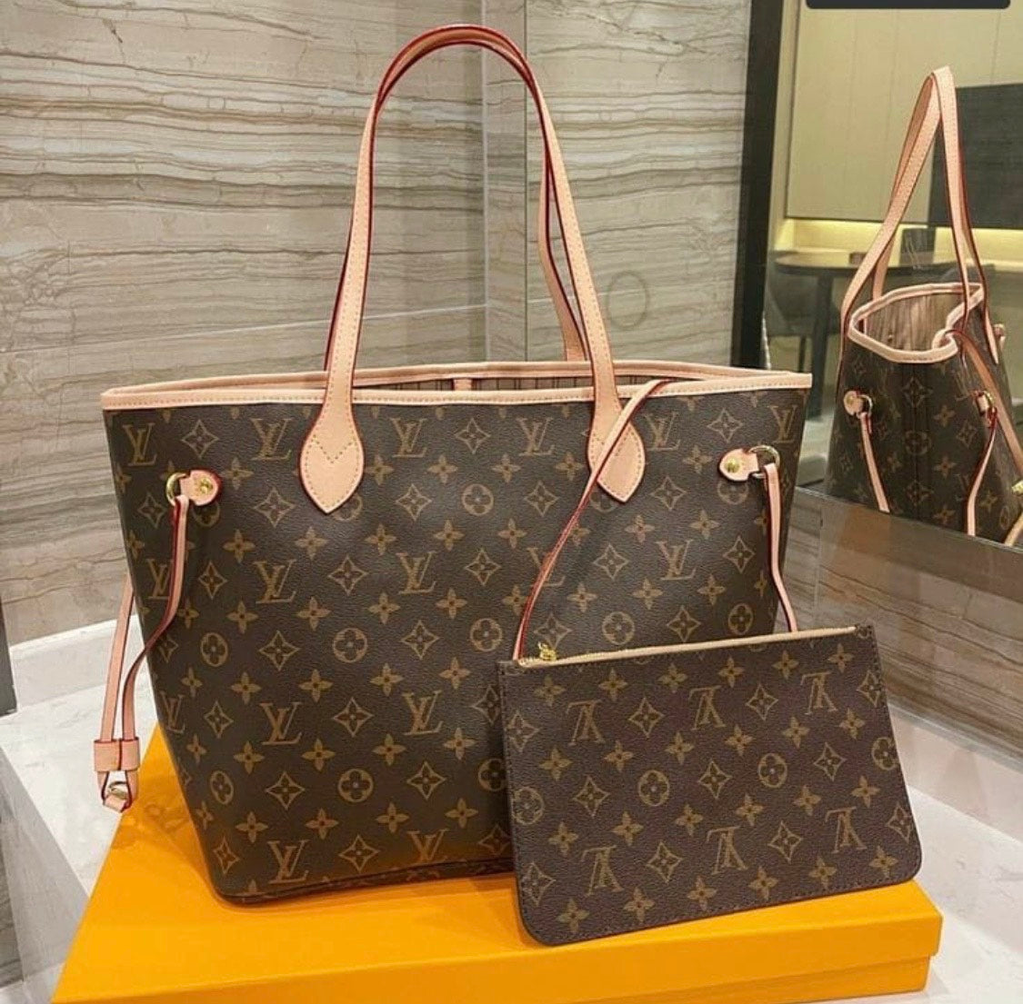 LV Neverfull MM Monogram Tote Bag with Pouch