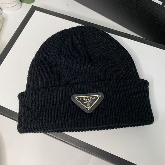 Prada Plain Black Logo Woolen Beanie Cap